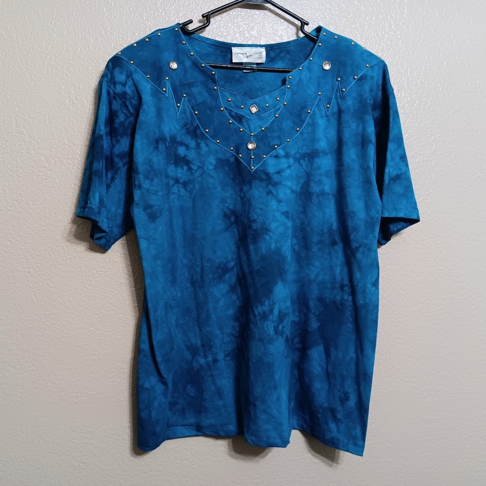 Mary Lynn O'Shea Vintage Blue Tie Dye Studded Beaded Top